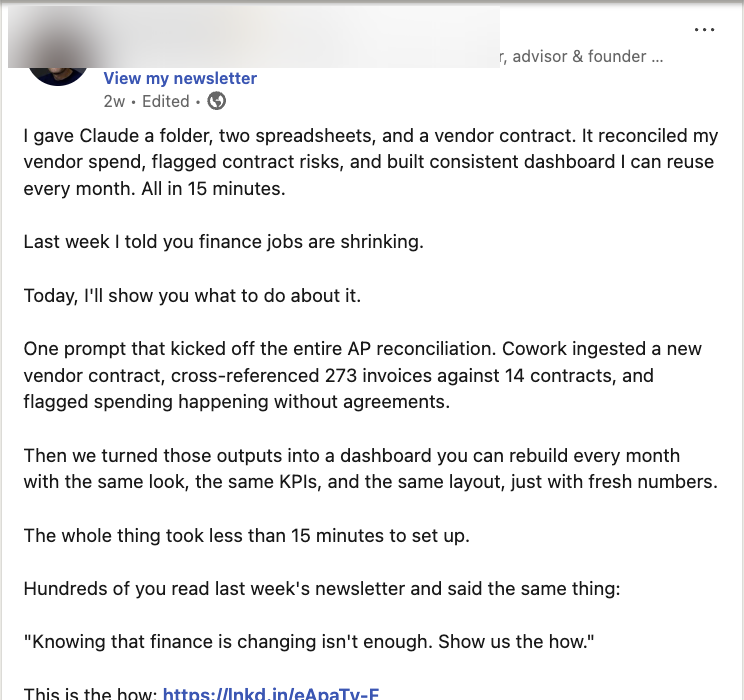 LinkedIn post about setting up Claude Cowork for AP reconciliation